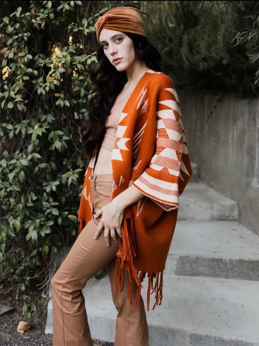 Boho Aztec Fringe Open-Front Sweater Cardigan in Rust